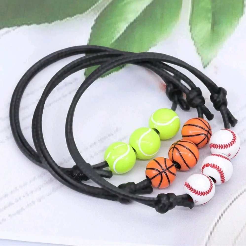 Black Baseball Bracelet Set of 2 Bead Charms Sport Friendship Couple Gift Set